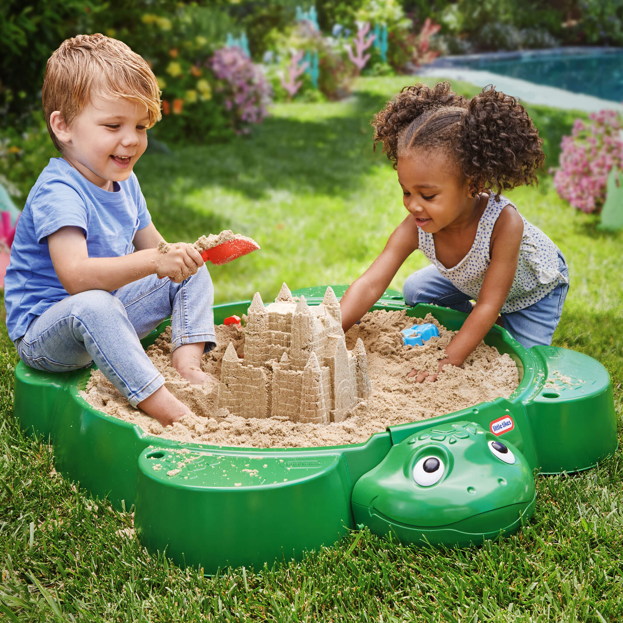 Turtle Sandbox - Outdoor Sand Play Center with Protective Lid for Backyard Digging, Building and Sensory Play